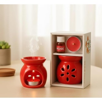 Red Ceramic Burner Jar – Oil Diffuser for Home Fragrance, Rose Essential Oil Burner & Aroma Wax Melter – Decorative Fragrance Jar for Relaxation & Meditation (Pack of 1, Red)