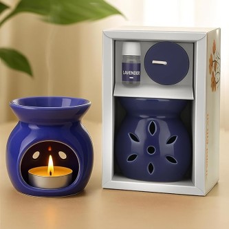 Ceramic Burner Jar – Oil Diffuser for Home Fragrance, Lavender Essential Oil Burner & Aroma Wax Melter – Decorative Fragrance Jar for Relaxation & Meditation (Pack of 1, Blue)