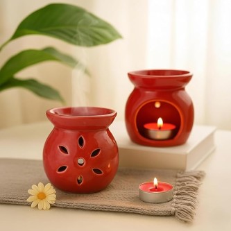 Red Ceramic Burner Jar – Oil Diffuser for Home Fragrance, Rose Essential Oil Burner & Aroma Wax Melter – Decorative Fragrance Jar for Relaxation & Meditation (Pack of 1, Red)