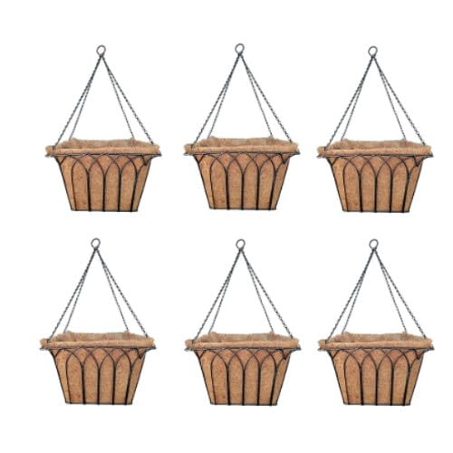 GARDEN DECO 14 Inch Square Metal Hanging Basket (Color-Black, Set of 6 Pcs)