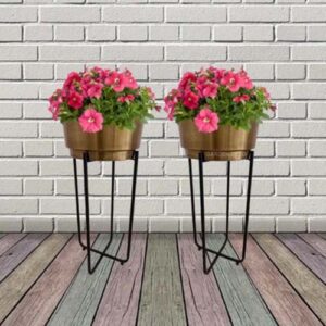 GARDEN DECO Brass Planter with Stand for Home Decoration (Set of 2 Pcs)